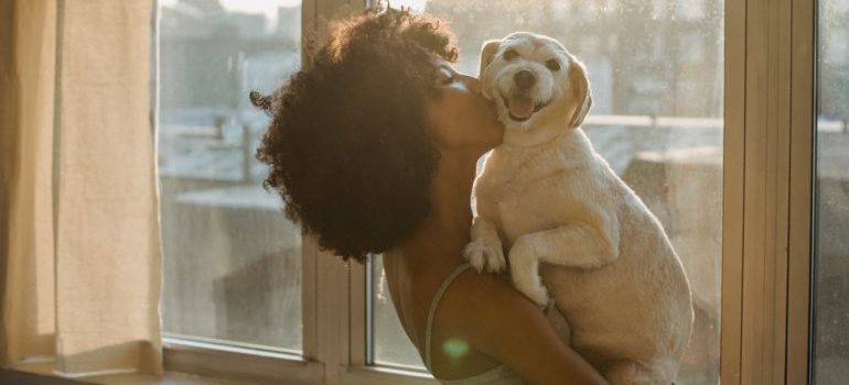 A woman preparing her dog for moving