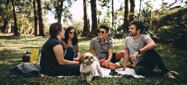 A group of friends and a dog hanging out in a park