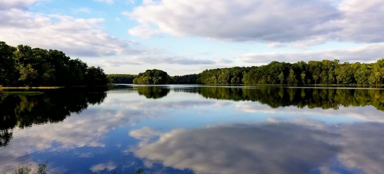 a view of Burke Lake, one of the best places to experience fall in Virginia