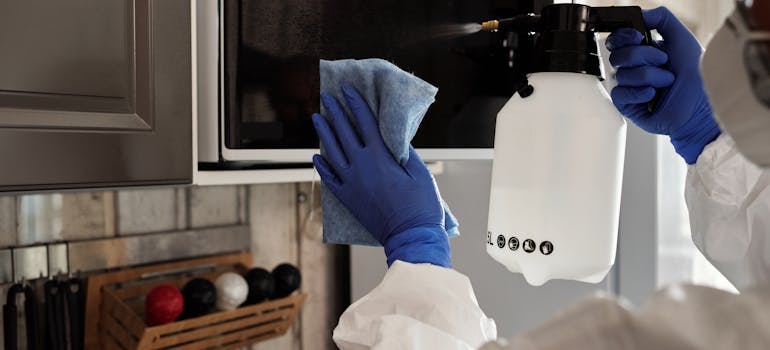 a person wearing protective clothes is cleaning a microwave