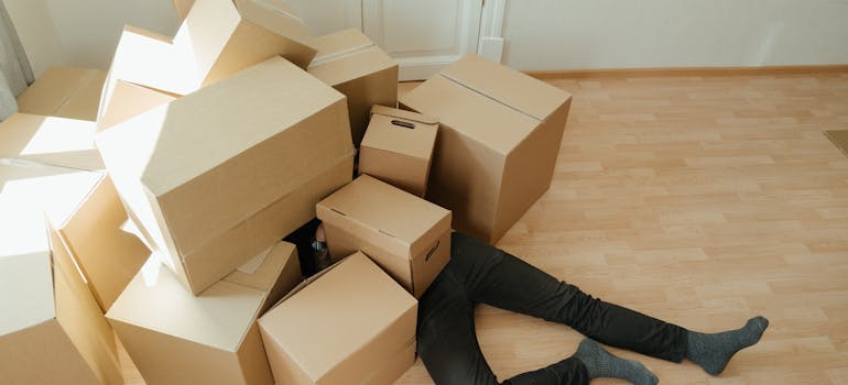 a man buried in cardboard boxes