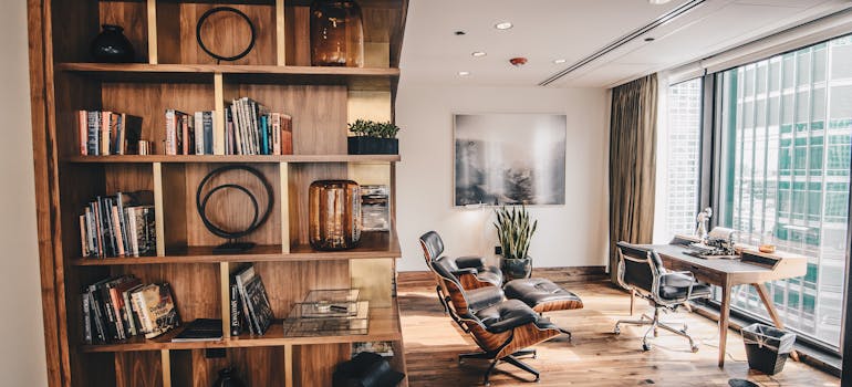 an elegant office with a very large shelf