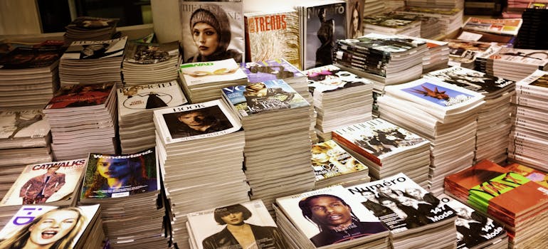 a large collection of magazines of all types