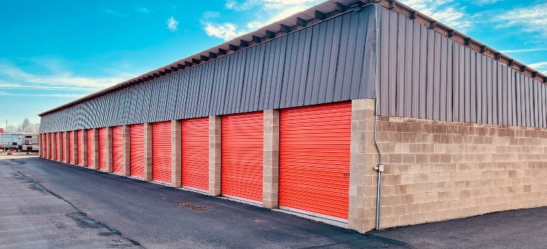 self-storage units with red doors